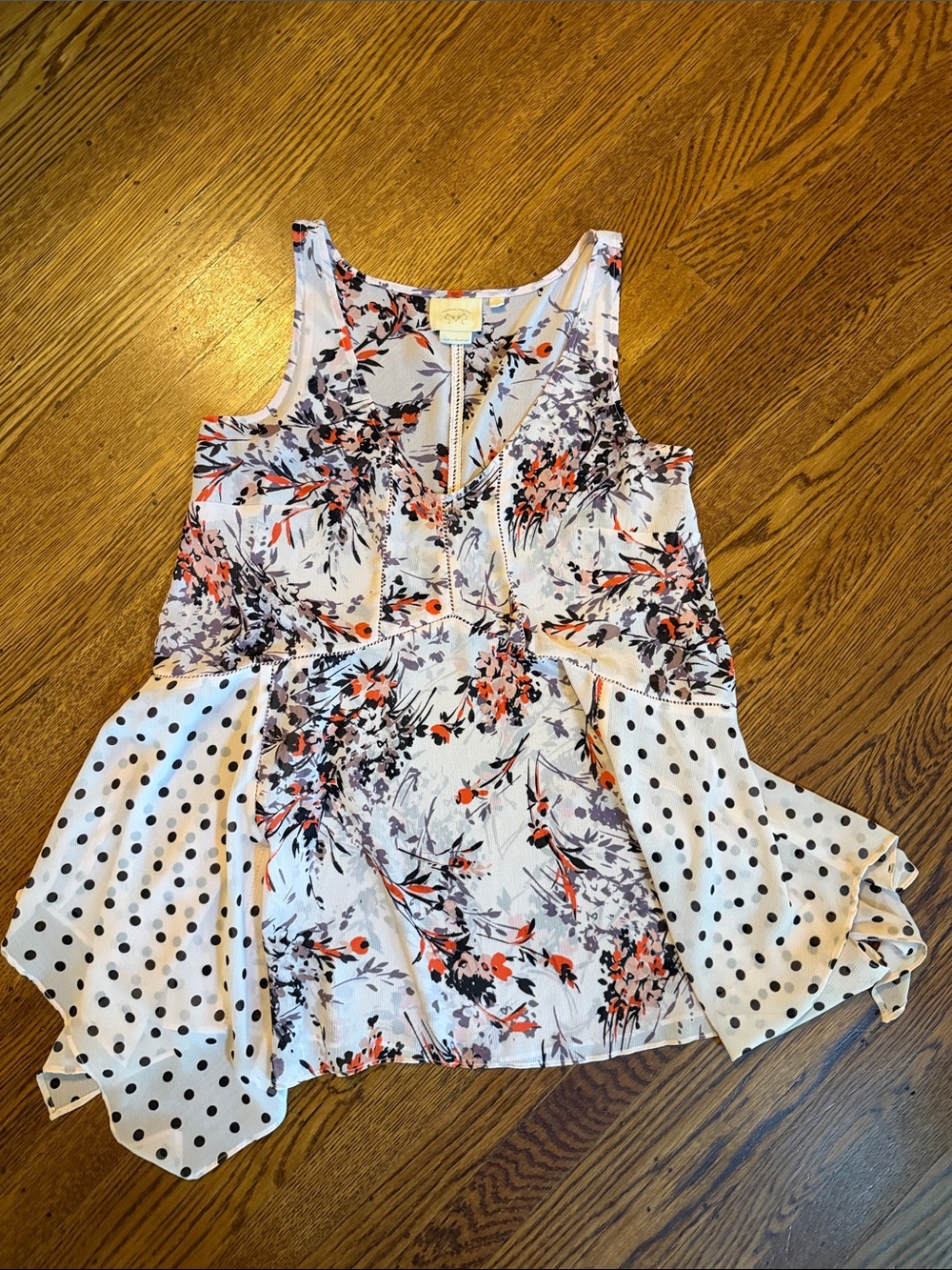 Floral & Polka Dot Mixed-Print Sleeveless Top - White with Coral & Black